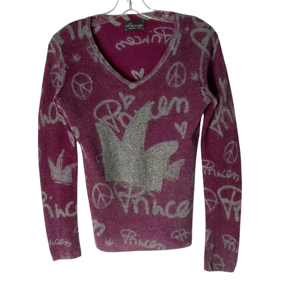 Princess Goes Hollywood Peace Rhinestone Cashmere Sweater Purple Size Small